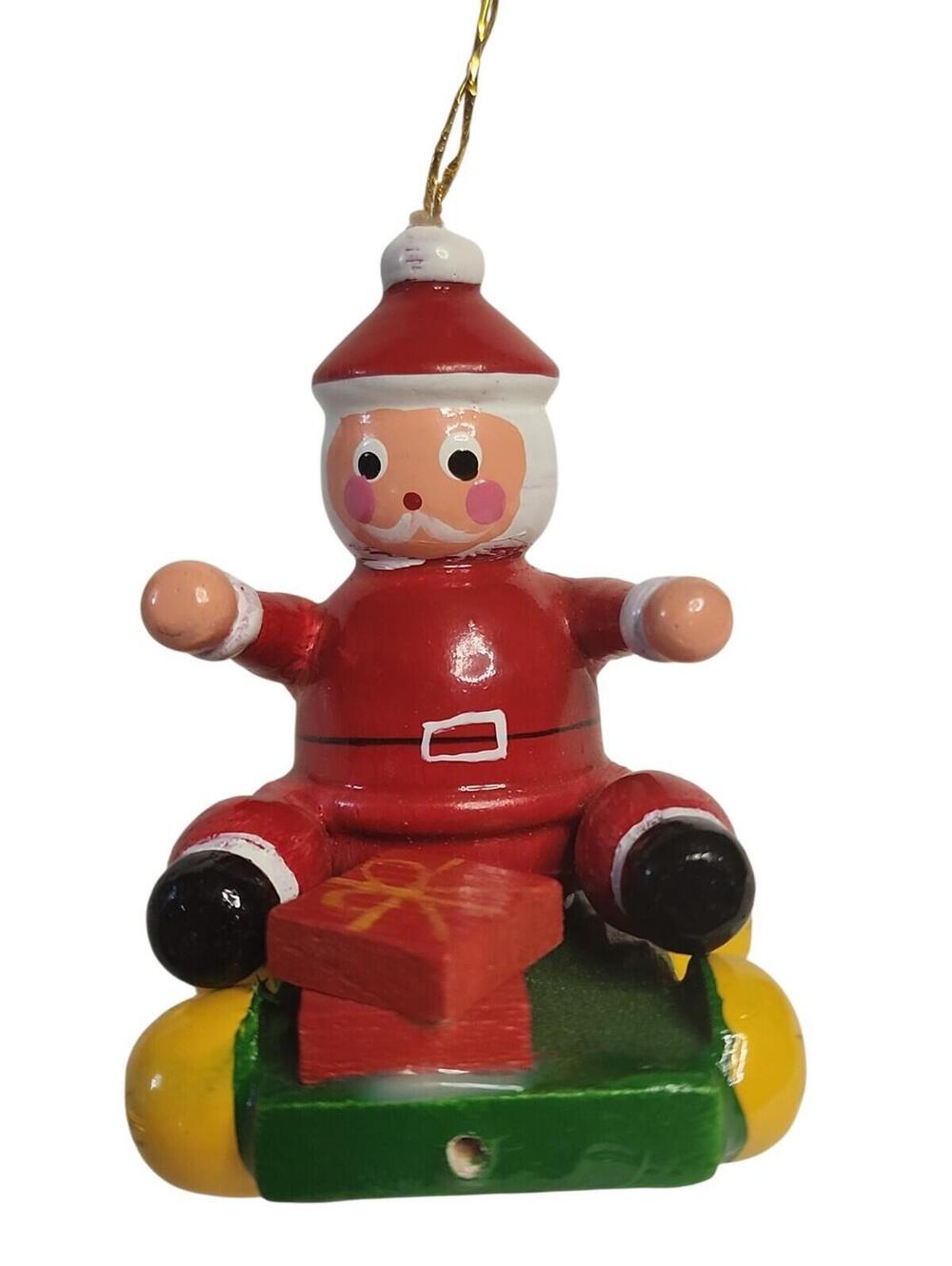 Vintage 80’s Wooden Christmas Ornament Santa On Sled w/Tree & Gift